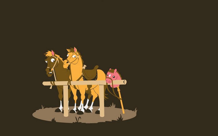 Two cartoon horses and a toy horse
