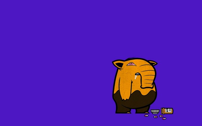 Sad mammoth with pills on purple background