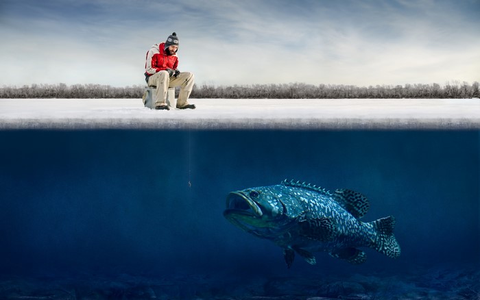 Ice fisherman watches large fish below