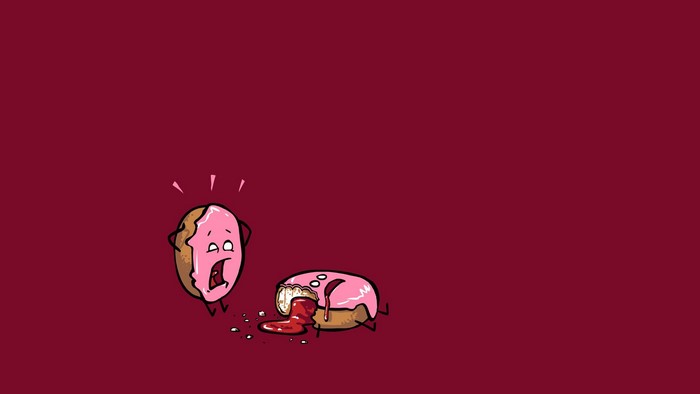 Two donuts, one injured, on a dark red background