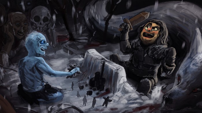 Humorous depiction of Game of Thrones battle with White Walkers and a wolf
