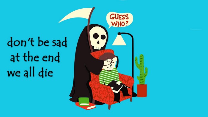 Death comforts a person reading a book