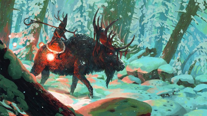 Fantasy art of a deer-like creature with a rider in a snowy forest