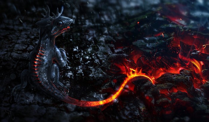 Creature with glowing spine near magma