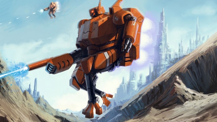 Tau Mech Firing Weapon in Warhammer 40,000 Artwork