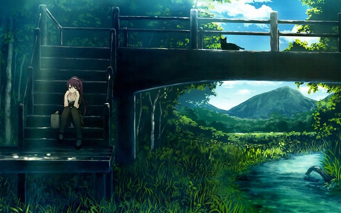 Hitagi Senjougahara from Monogatari Series with a cat