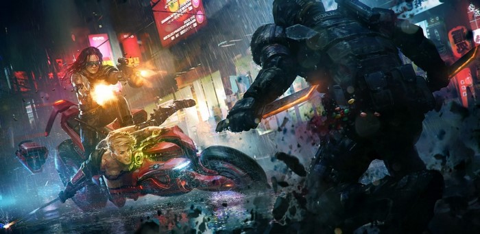 Cyberpunk bounty hunter on a motorcycle shooting