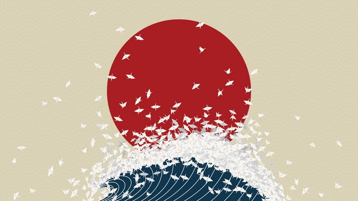 Origami cranes flying over waves with a red sun