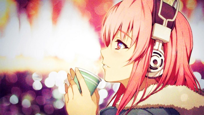 Super Sonico with Headphones and Coffee