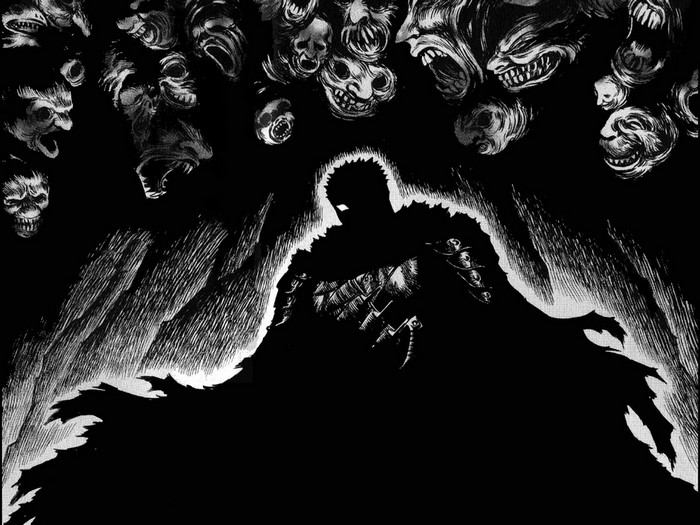 Guts from Berserk surrounded by demonic faces