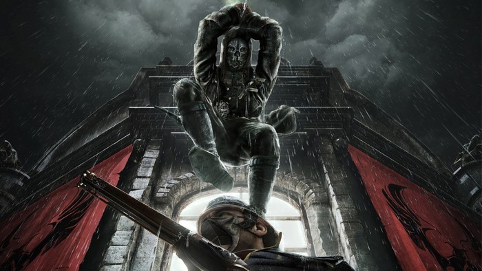 Corvo Attano from Dishonored in a rainy city
