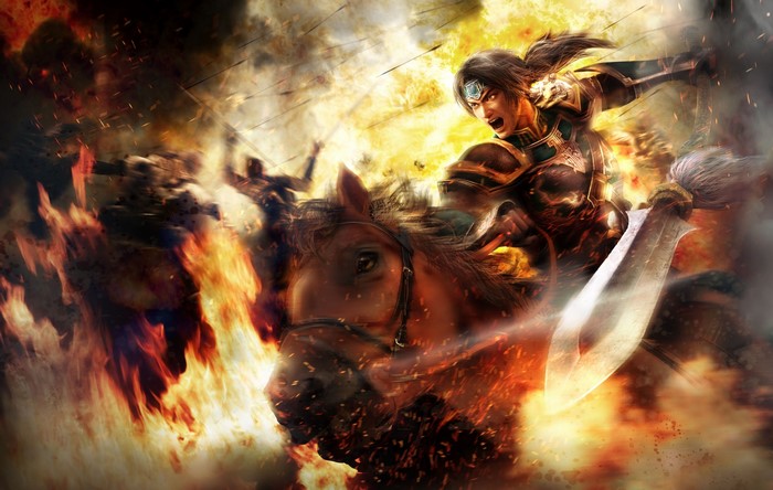 Zhao Yun from Dynasty Warriors on horseback in battle