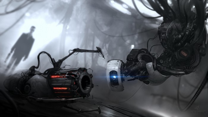G-Man and Portal 2 robots in a dark facility