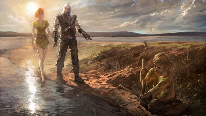 Geralt and Ciri from The Witcher on a beach with a child