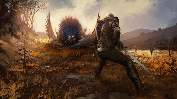 Geralt of Rivia from The Witcher 3 fighting a monster