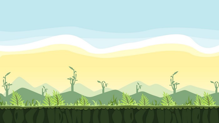 Cartoon landscape with hills and plants