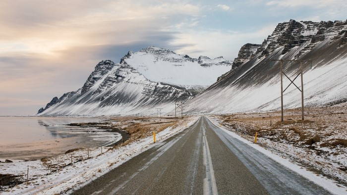 Snowy Mountain Road in Iceland