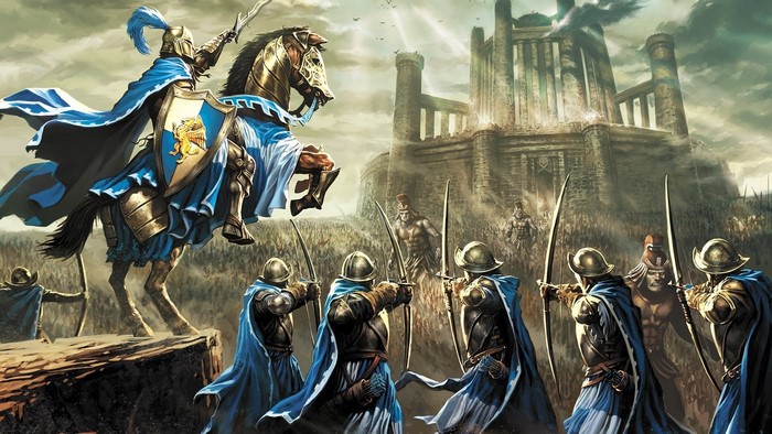 Knight on Horseback leading an army towards a castle