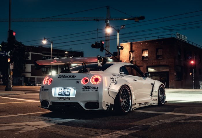 White Liberty Walk Nissan GT-R at Night