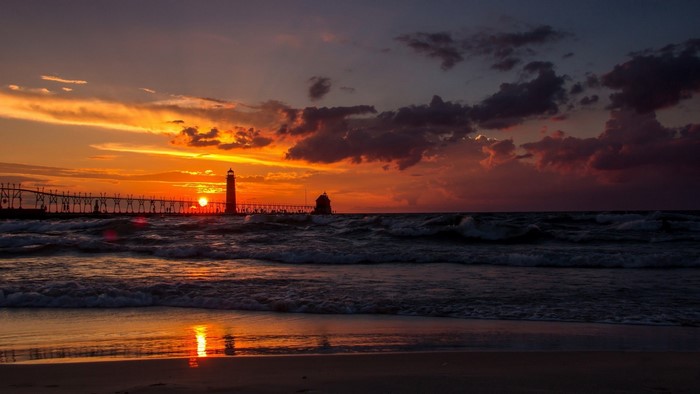 Sunset Over Michigan Lighthouse and Pier