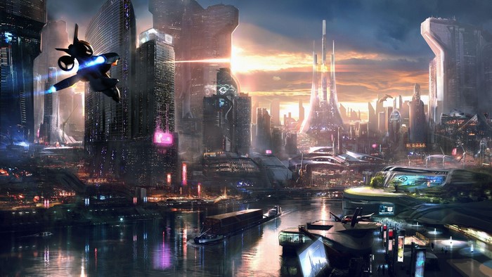 Futuristic cityscape with flying vehicle and river