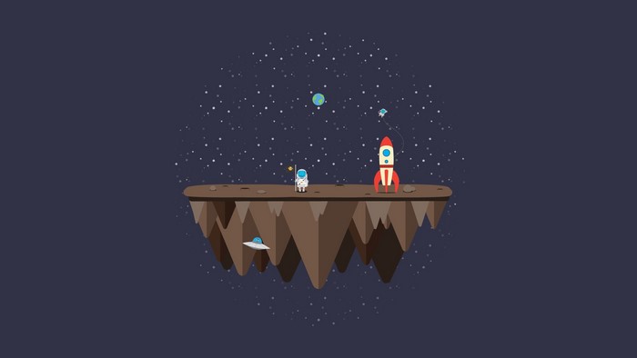 Floating island in space with astronaut and rocket
