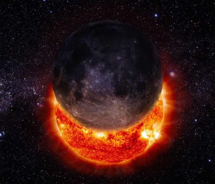 Solar eclipse with moon and sun in space