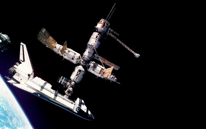 Space Shuttle docked with Mir Space Station