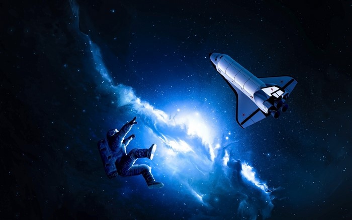 Astronaut and Space Shuttle in Nebula