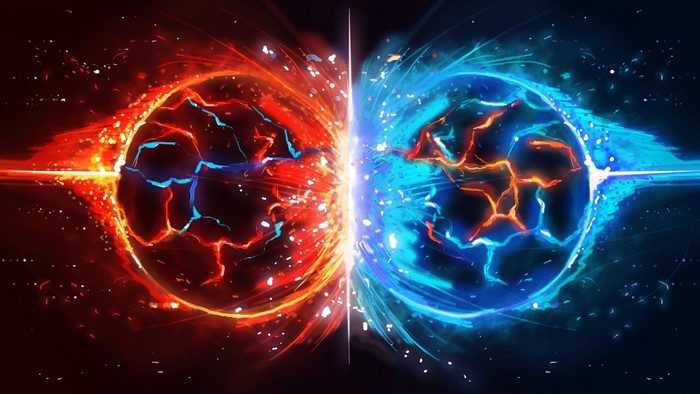 Red and blue spheres colliding