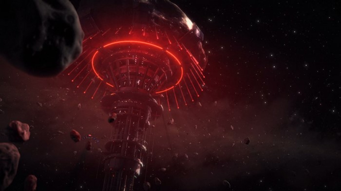 Science fiction space station with red lights and asteroids