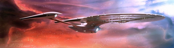 USS Enterprise spaceship in a colorful nebula