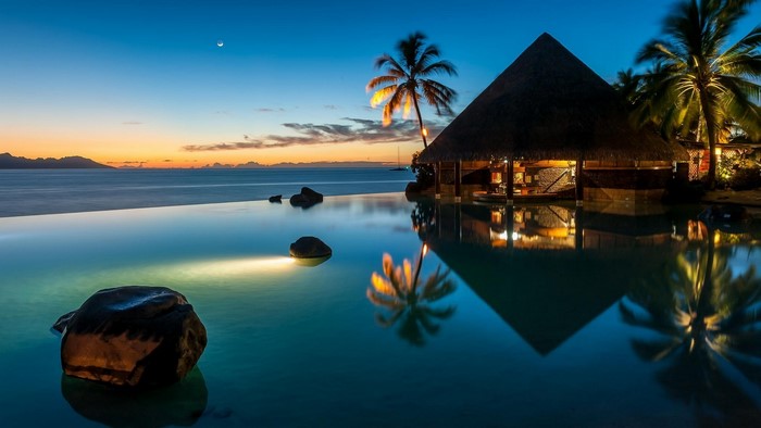 Infinity pool at sunset with palm trees and a bar in French Polynesia