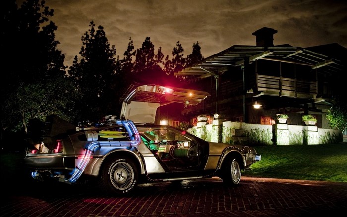 DeLorean time machine from Back to the Future at night