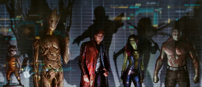 Guardians of the Galaxy characters Groot, Rocket, Star-Lord, Gamora, and Drax