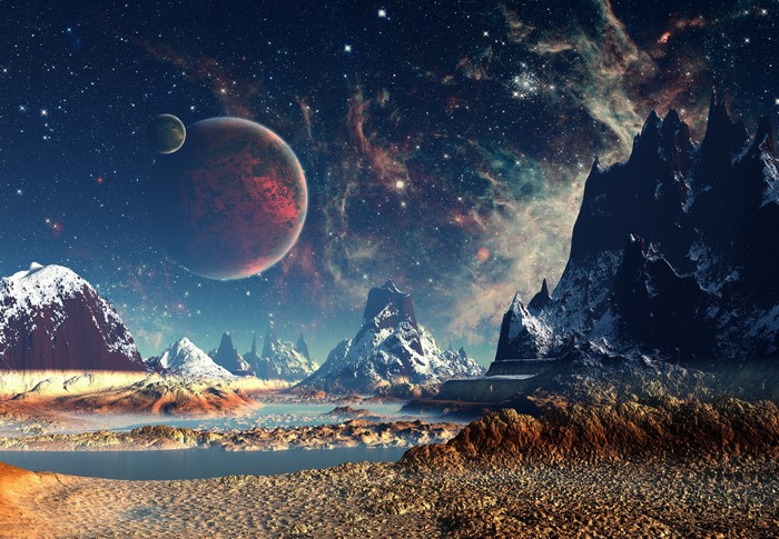 Alien planet landscape with planets and nebula