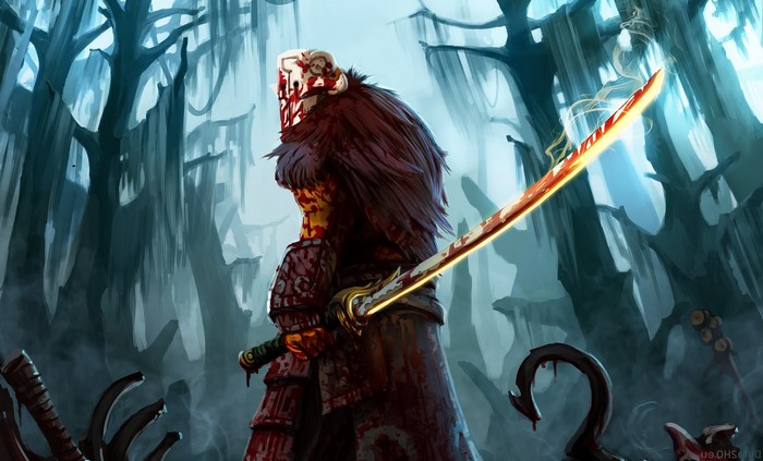 Juggernaut from Dota 2 covered in blood