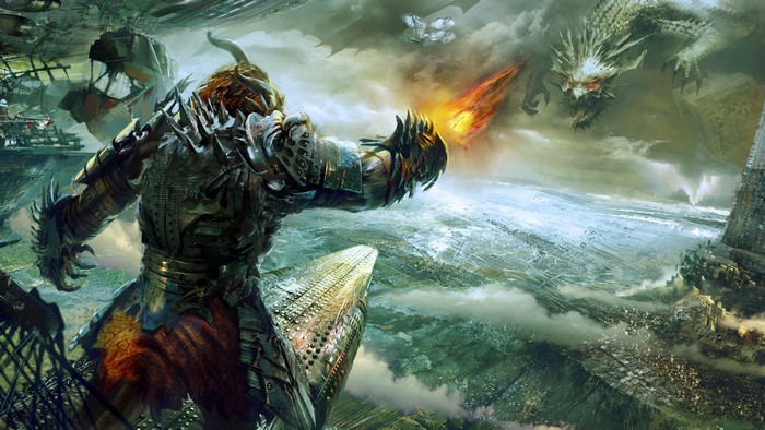 Guild Wars 2 concept art of warrior fighting dragon