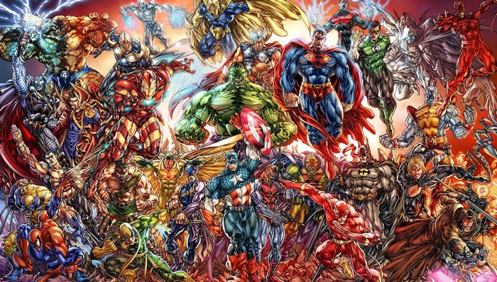 Avengers, Justice League, and X-Men characters assemble