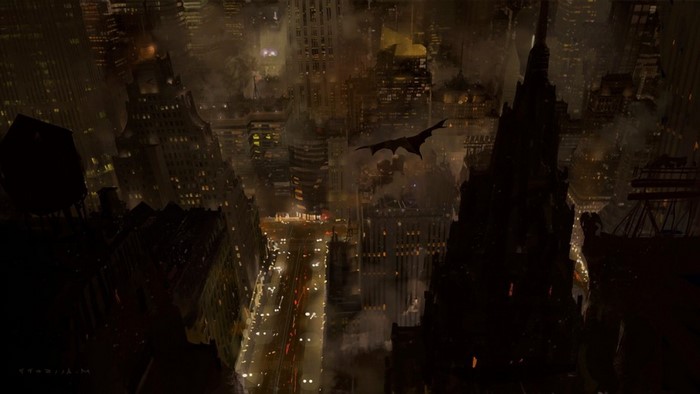 Batman from Batman Begins flying over a city