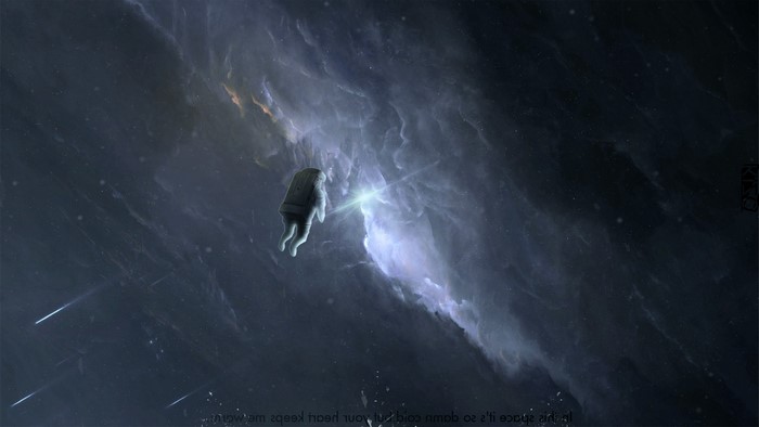 Astronaut floating in space near nebula