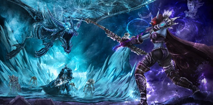 Sylvanas Windrunner fighting a dragon from World of Warcraft