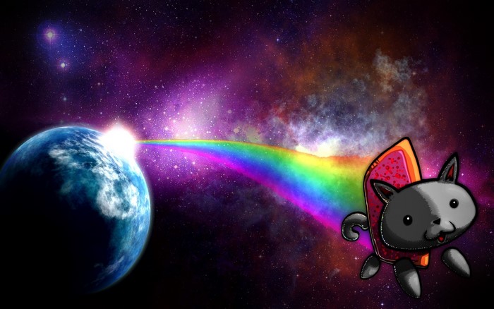 Nyan Cat flying through space with Earth and rainbow