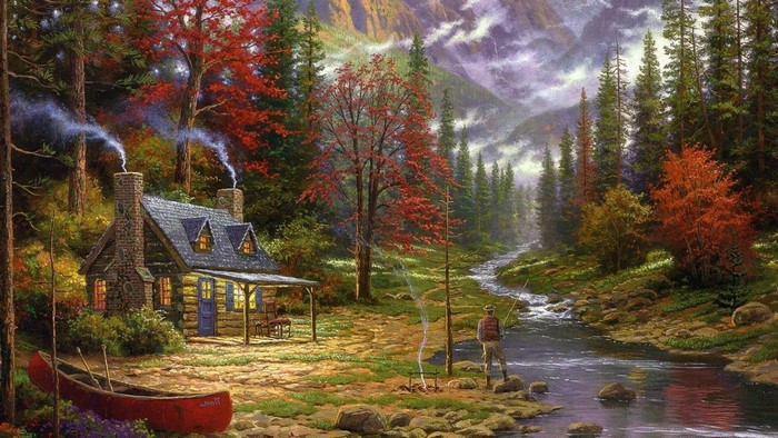 Thomas Kinkade Cottage by River with Fishing Scene