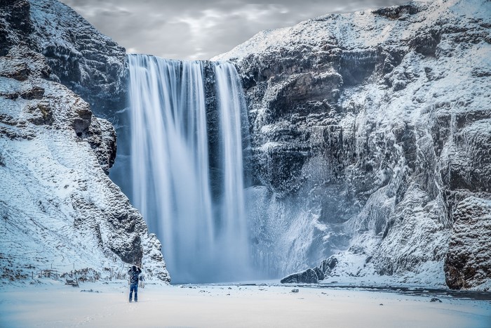 Skogafoss waterfall in Iceland during winter