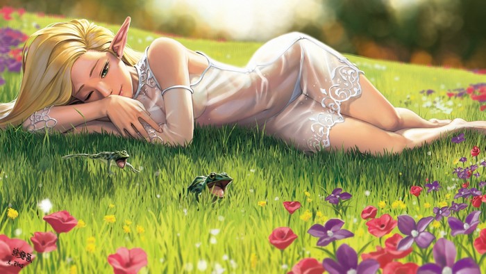 Anime elf girl lying in a flower field with frogs