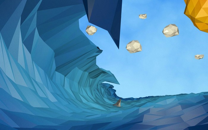Low poly wave with floating rocks and shark