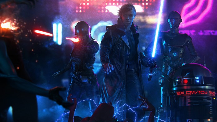 Luke Skywalker and allies in a cyberpunk Star Wars scene