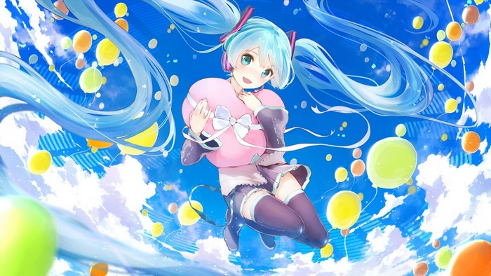 Hatsune Miku from Vocaloid holding a heart balloon
