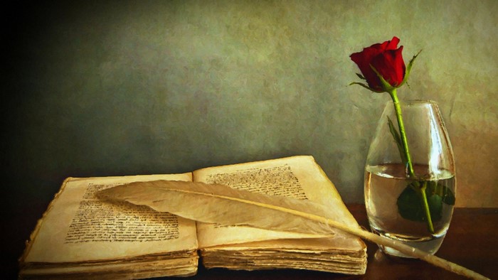 Open book with feather and red rose in vase